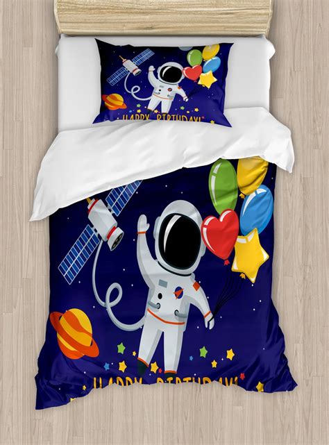 Kids Birthday Duvet Cover Set Twin Size Space Lover Theme Astronaut