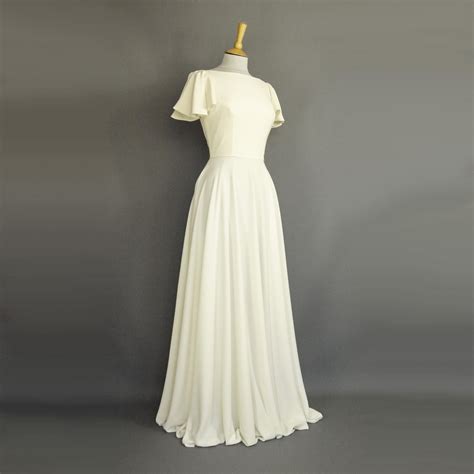 Loretta Ivory Crepe Wedding Gown Full Length With Butterfly Sleeves