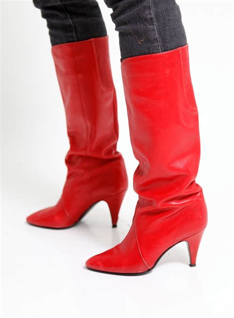 Vintage 80s Knee High Red Leather Boots