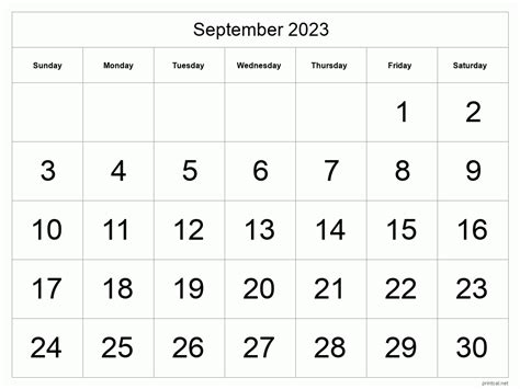 Printable September 2023 Calendar Big Dates