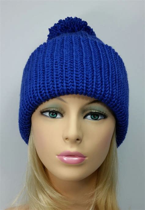 Womens Royal Blue Knit Beanie With Pom Pom Classic Knit Hat Etsy