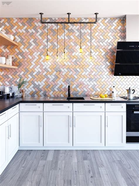 Modern Kitchen With Colorful Herringbone Wall Tiles Cuisine