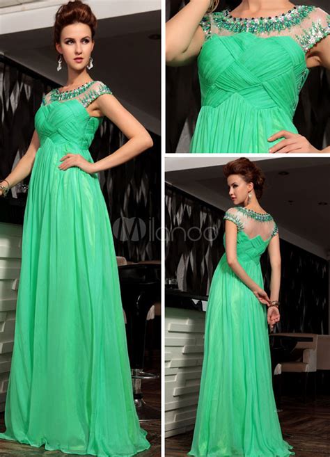 Green Beading Jewel Neck Chiffon Womans Evening Dress