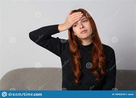 The Redhead Girl Has A Headache And Fever Stock Image Image Of Girl