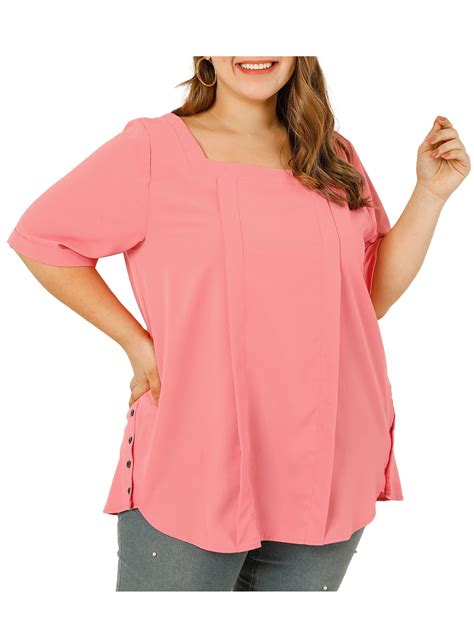 Unique Bargains Womens Plus Size Square Neck Half Sleeve Pleated