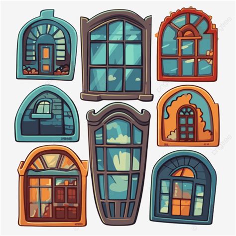Set Of Cartoon Windows And Doors Vector Windows Sticker Cartoon Png
