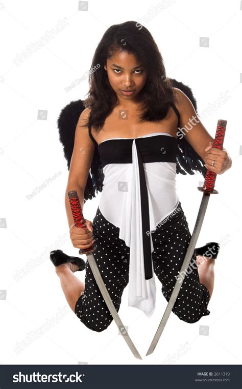 African American Woman As A Ninja Angel With Black Feather Wings And An