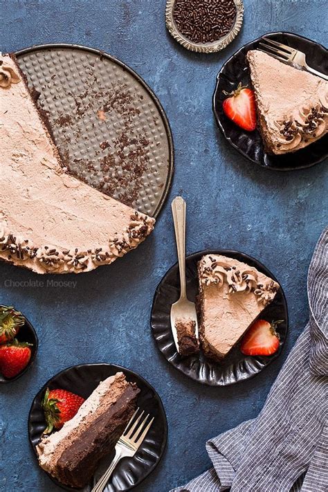 Who would have thought that making chocolate dirt was dead easy to make. Plated slices of Brownie Bottom Chocolate Mousse Cake with ...