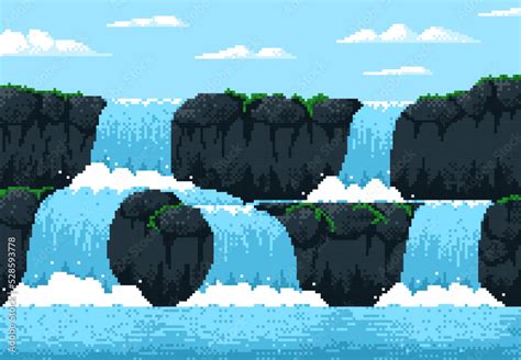 Vecteur Stock 8 Bit Pixel Game Waterfall Cascade Landscape Video
