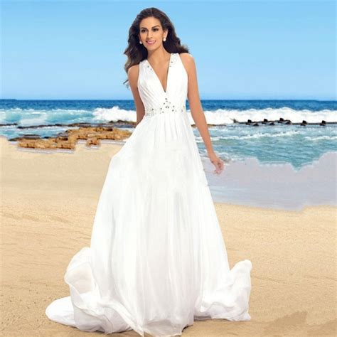 Simple Chiffon Beach Wedding Dress Deep V Neck Crystal Vestido De Noiva Back Appliques With
