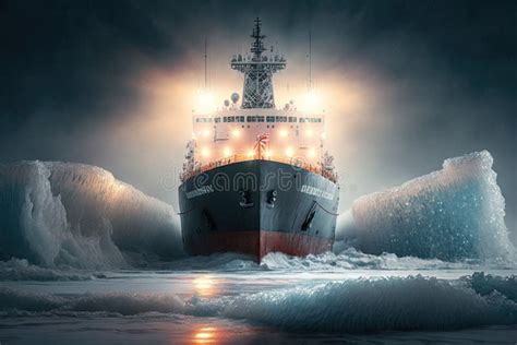 Powerful Icebreaker Ship With Lights On Deck Moving Along Sea Stock