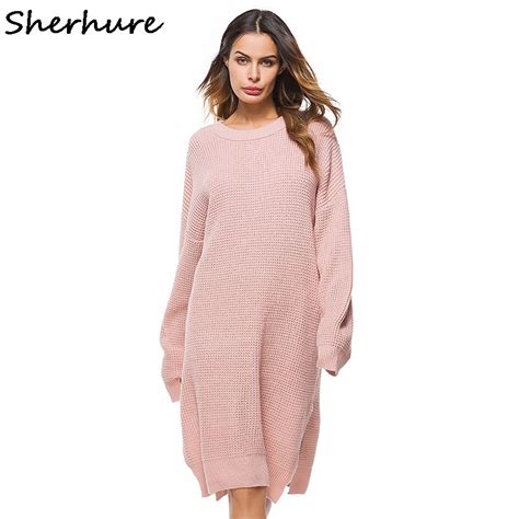 Women Loose Pink Sweater Split Hem Women Long Sweater Dress