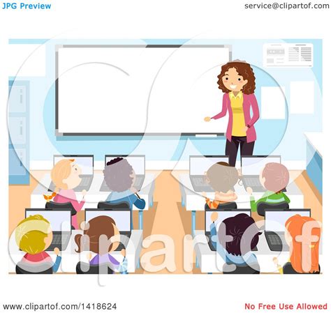 Clipart Of A Female Teacher Instructing School Children In A Computer