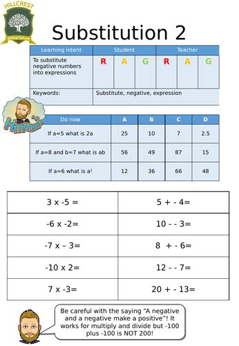Algebra Substitution Negative Numbers Worksheet
