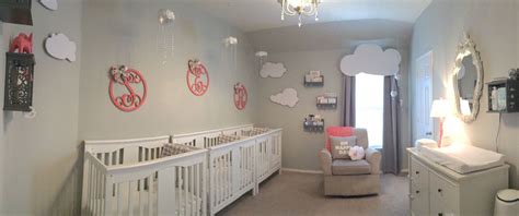 Triplet Nursery In Coral Gray And White With A Cloud Theme Toddler