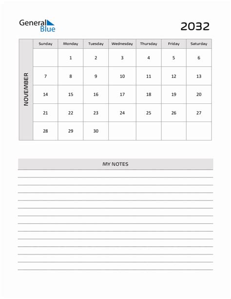 November 2032 Printable Monthly Calendar With Notes