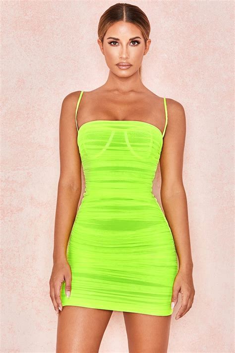 Clothing Bodycon Dresses Ella Neon Green Ruched Organza Mesh Mini
