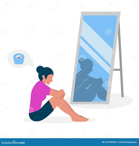 Flat Vector Illustration Of A Skinny Girl With Low Self Esteem Sitting In Front Of A Mirror The