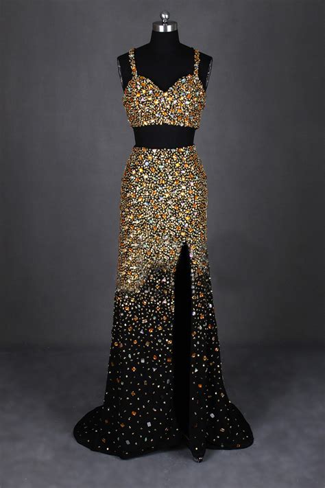 High Slit Two Piece Prom Dress Heavy Beaded Gold Crystals Sparkly Long Fitted Formal Evening