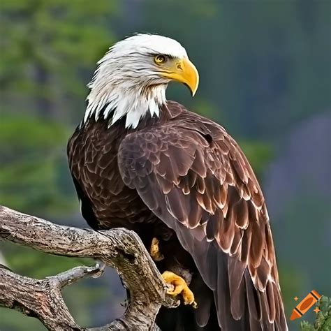 A Majestic Bald Eagle Sitting On A Pine Tree Branch Overlooking The