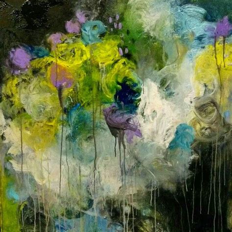 An Abstract Painting With Yellow Blue And Green Flowers On Its Side