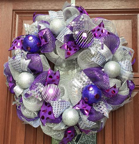 Deco Mesh Christmas Wreath Silver Purple Christmas Wreath Etsy