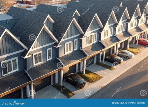 A Row of Residential Townhomes or Townhouses in Suburb, Concept of Real