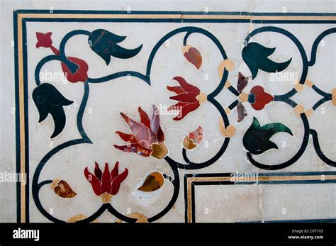 Close Up Of Stone Inlay Work At The Taj Mahal In Agra India Stock