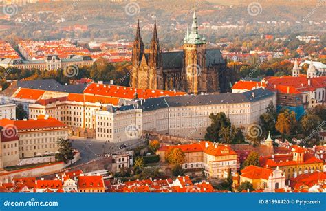 Evening Panoramic Aerial View Of Prague Castle Complex In Czech