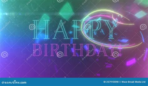 Animation Of Happy Birthday Over Digital Space With Neon Lights And