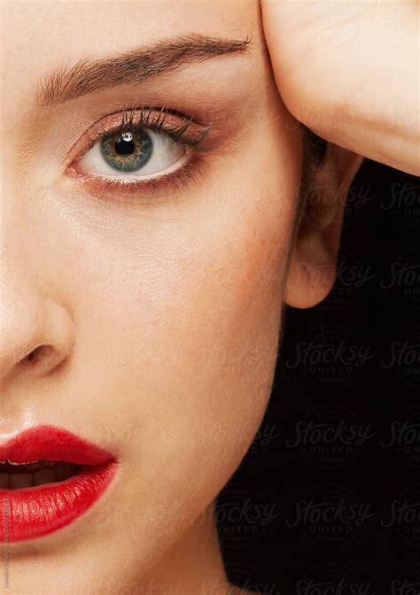 Woman Face Beauty Closeup With Mascara And Red Lipstick By Stocksy