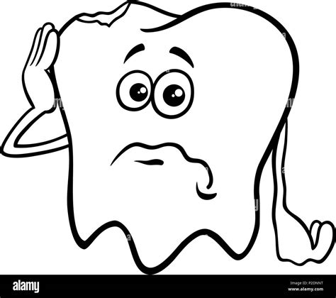 Black And White Cartoon Illustration Of Sad Tooth Character With Cavity