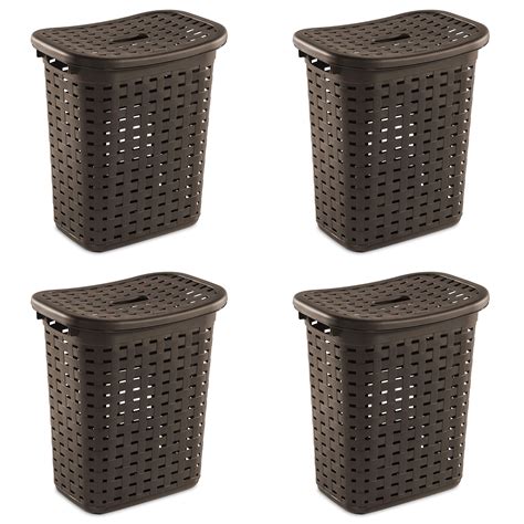 Sterilite Wicker Weave Plastic Laundry Basket And Lid Brown 4 Pack