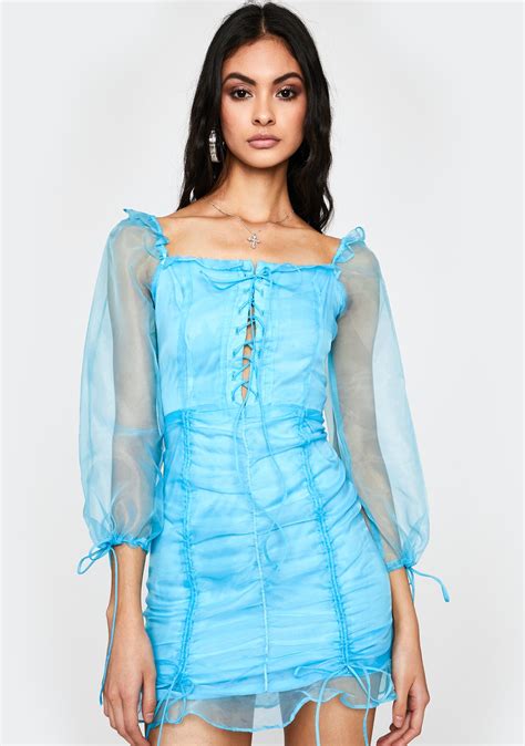 Sheer Organza Puff Sleeve Mini Ruched Dress Lace Up Ties Light Blue