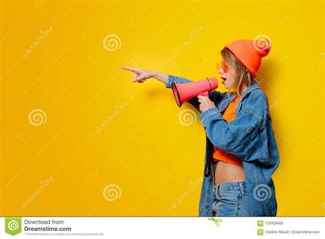 Girl In Jeans Clothes With Pink Megaphone Stock Image Image Of Strong
