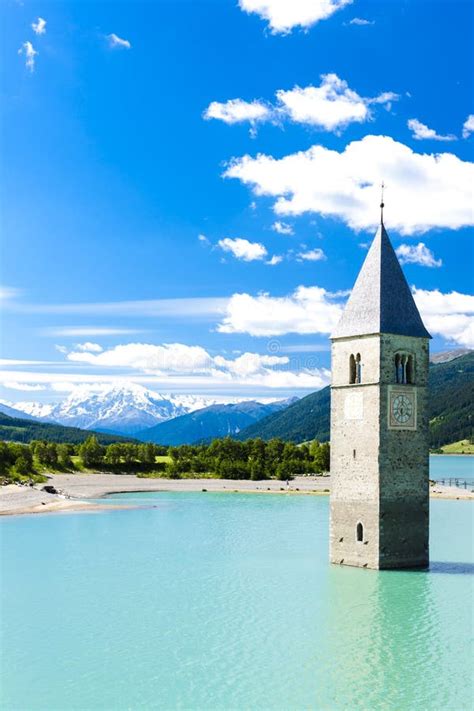 Tower Of Sunken Church In Resia Lake South Tyrol Italy Stock Image