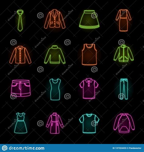 Different Kinds Of Clothes Neon Icons In Set Collection