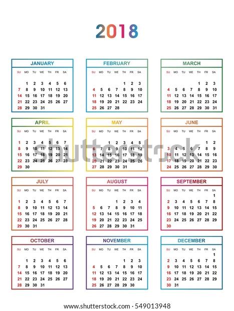 Simple Color Calendar Year 2018 Names Stock Vector Royalty Free