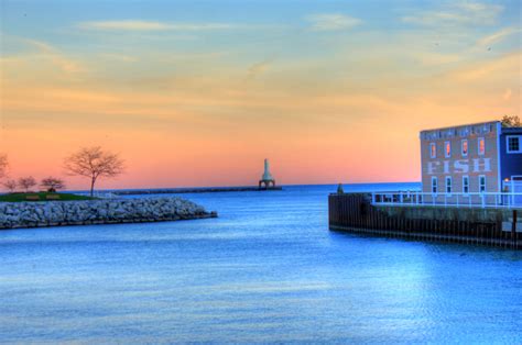 Lighthouse At Dusk At Port Washington Wisconsin Image Free Stock