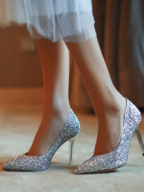 Women Closed Toe Stiletto Heel Sparkling Glitter High Heels - Bonnyin.com