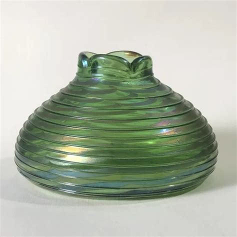 Squat Art Nouveau Iridescent Green Gold Antique Bohemian Glass Vase C1910 70 00 Picclick