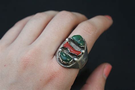 Sterling Silver Old Pawn Native American Turquoise And Coral Ring