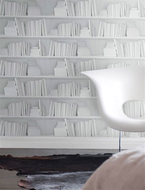 White Bookshelf Wallpaper Interiorzine