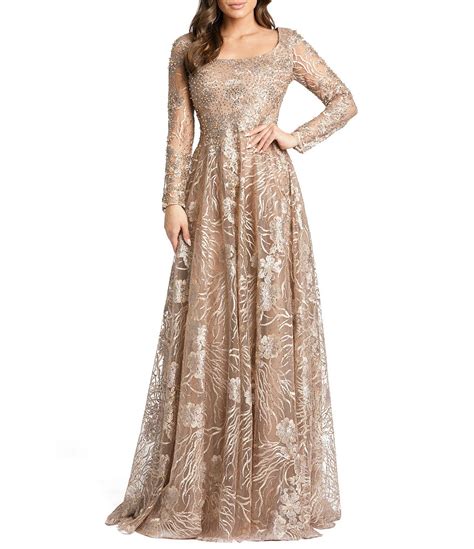 Mac Duggal Long Sleeve Fully Lined Scoop Neck Floral Beaded Gown