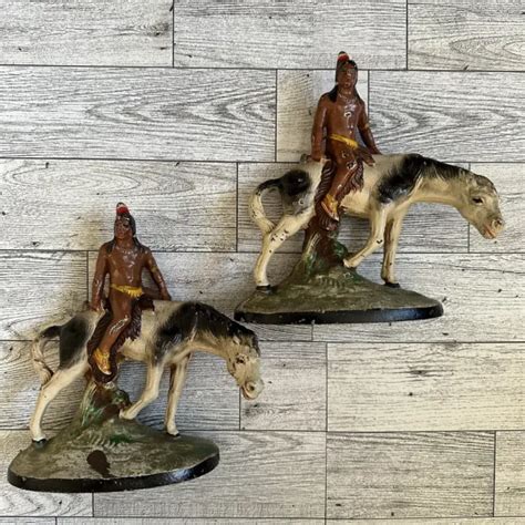 Antique Pair Hubley Cast Iron Painted Native American Indian On Horse