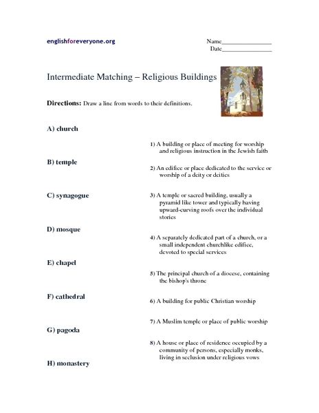 Intermediate Matching Religious Buildings Worksheet For 3rd 6th
