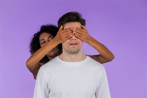 African American Woman Closes Eyes Of Her Beloved Boyfriend Before Surprise Him Interracial