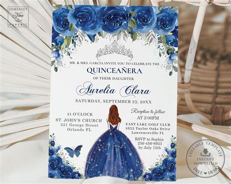 Royal Blue Floral Quinceañera Invitation Printable Editable Etsy