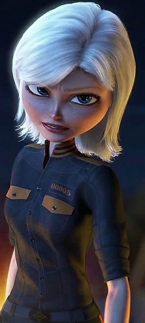 an animated woman with blonde hair and blue eyes standing in front of a dark background