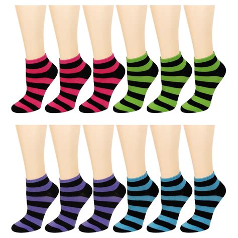 12 Pairs Assorted Colors Womens Ankle Socks Size 9 11 Striped